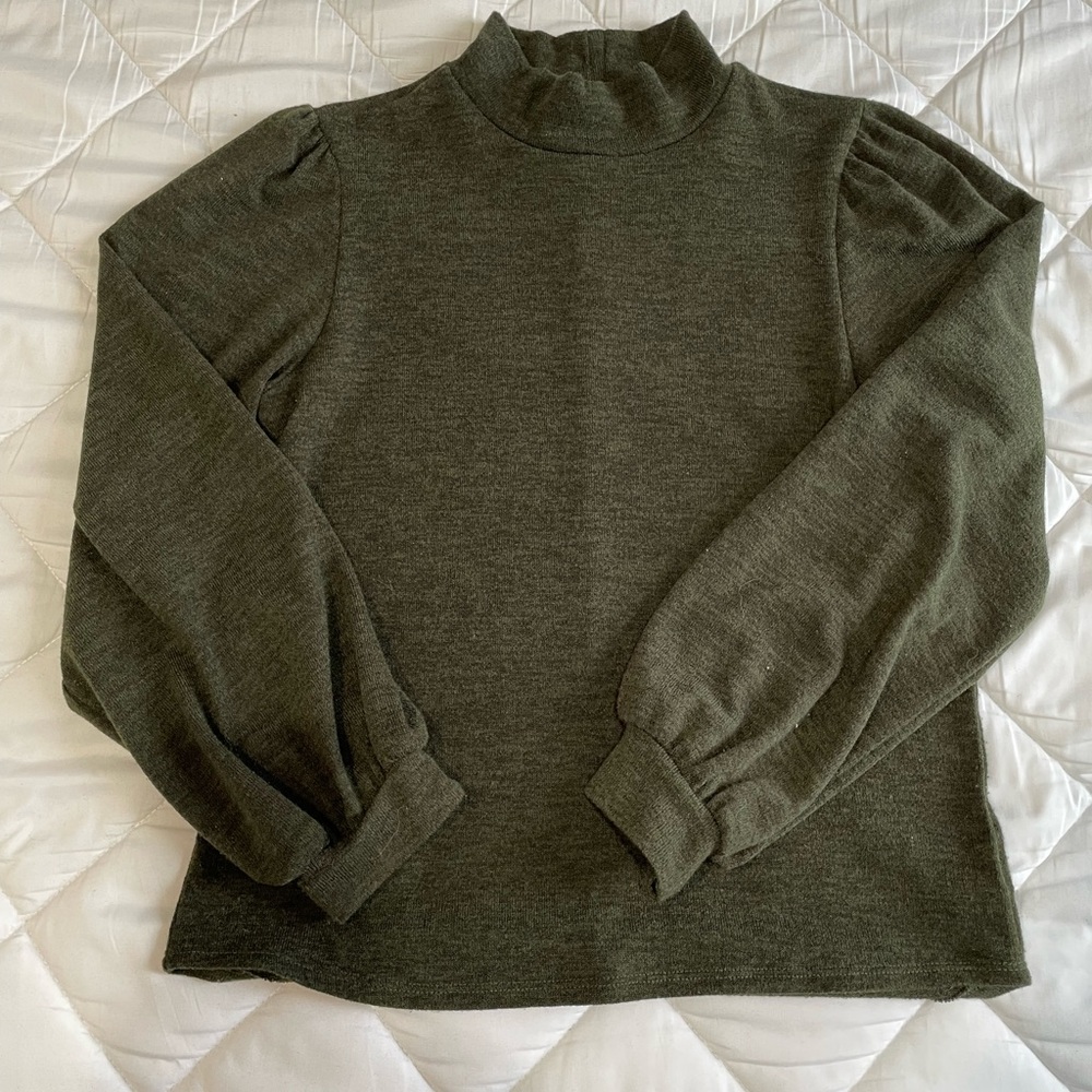 Green Turtleneck with Puff Shoulder Sleeve and Button Up Back!
